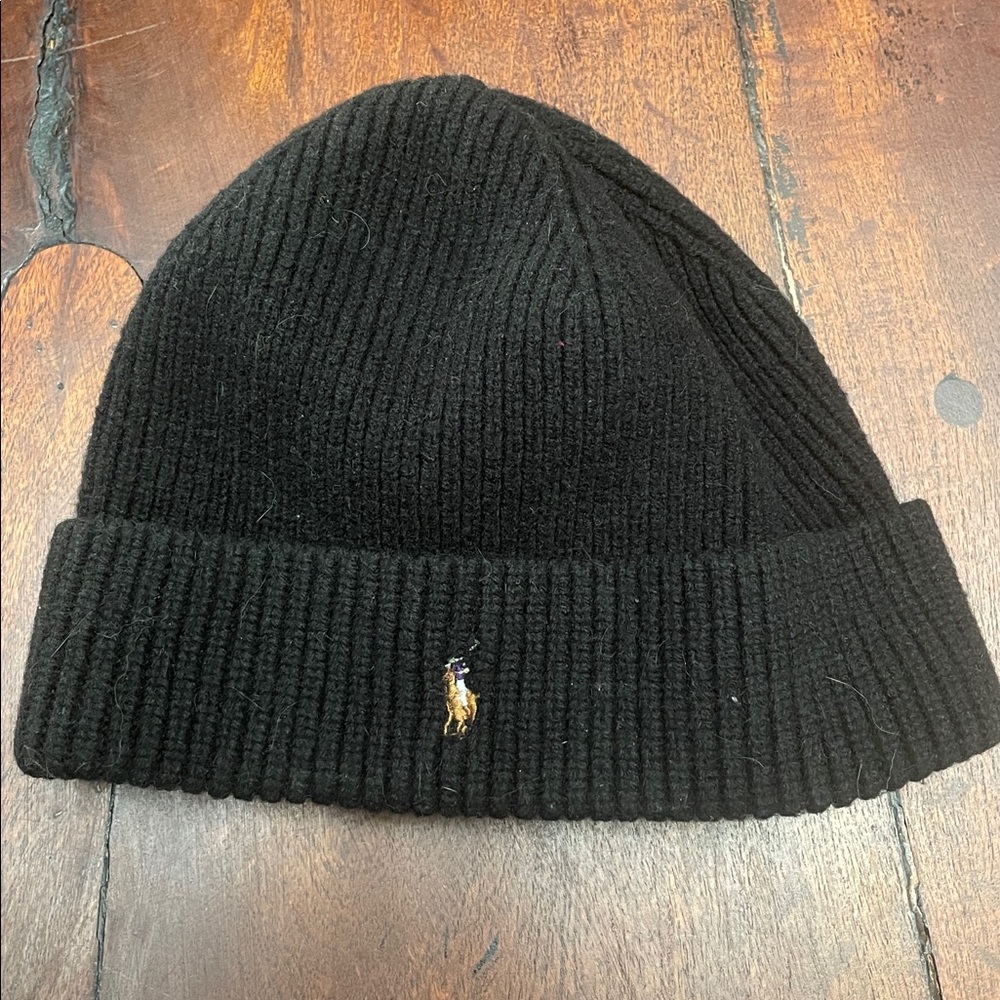 Polo Ralph Lauren Black Wool Beanie Cap with Logo